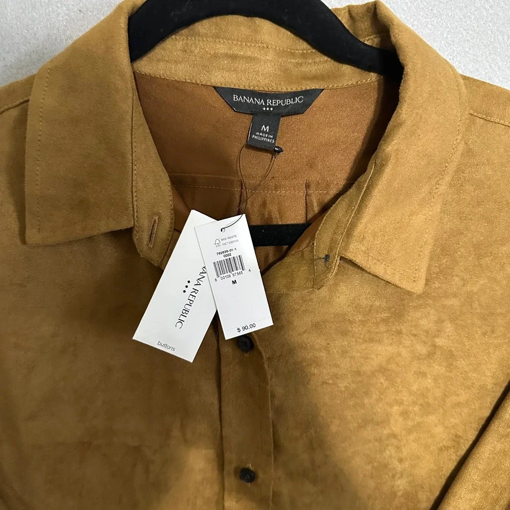 Banana Republic Mens Vegan Suede Button Down Shirt Camel Brown Medium NWT